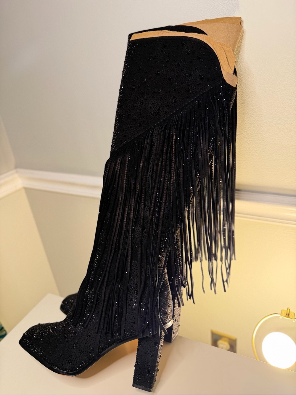 Jessica Simpson Black Fringe High-Heel Knee Boots